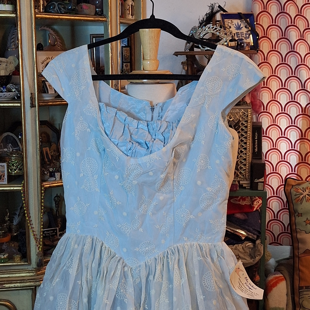 Vintage 60s Blue With White Floral Overlay Prom Formal Bridrsmaid Dress